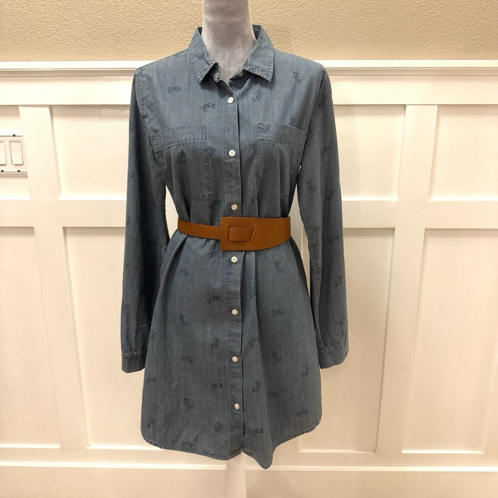 Disney Mickey Mouse Chambray Denim Shirt Dress Size:M Long Sleeve Cotton No Belt